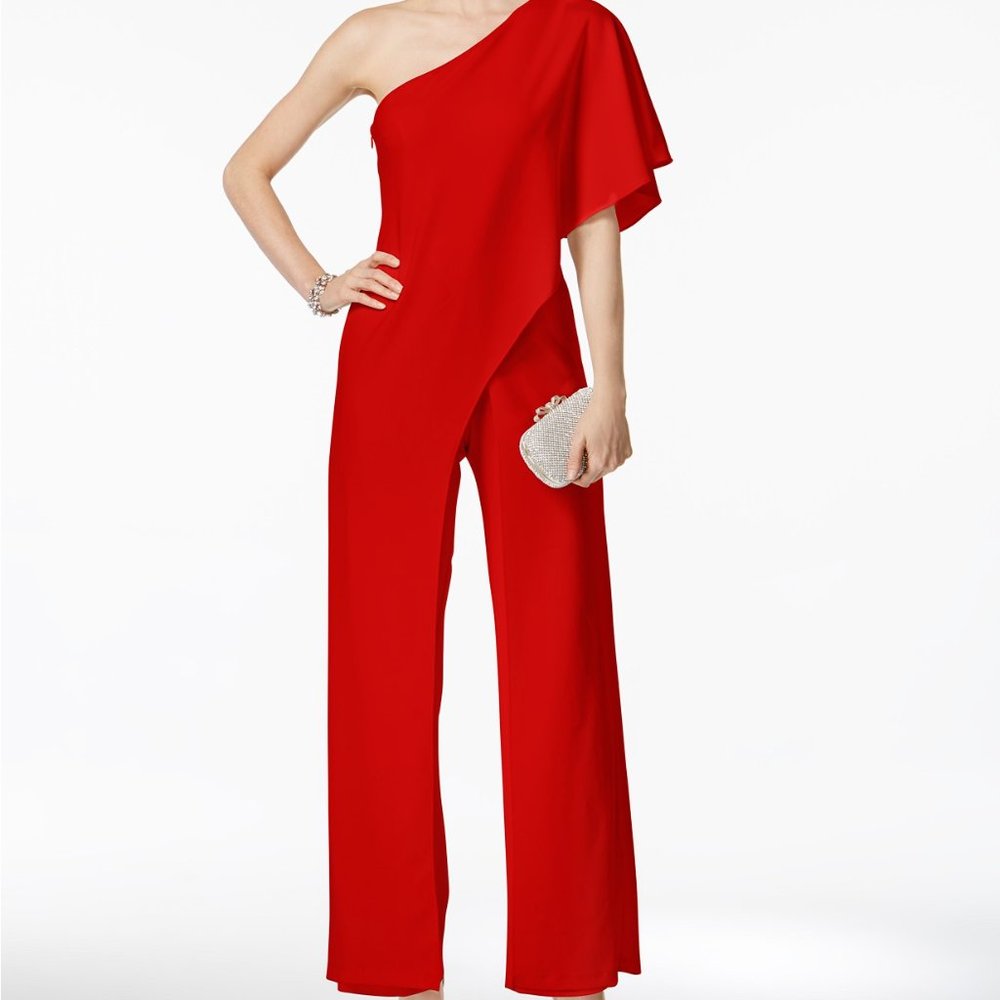 Adrianna Papell Draped One-Shoulder Jumpsuit Red